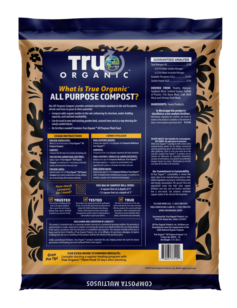 Back label of True Organic all purpose compost showing ingredients