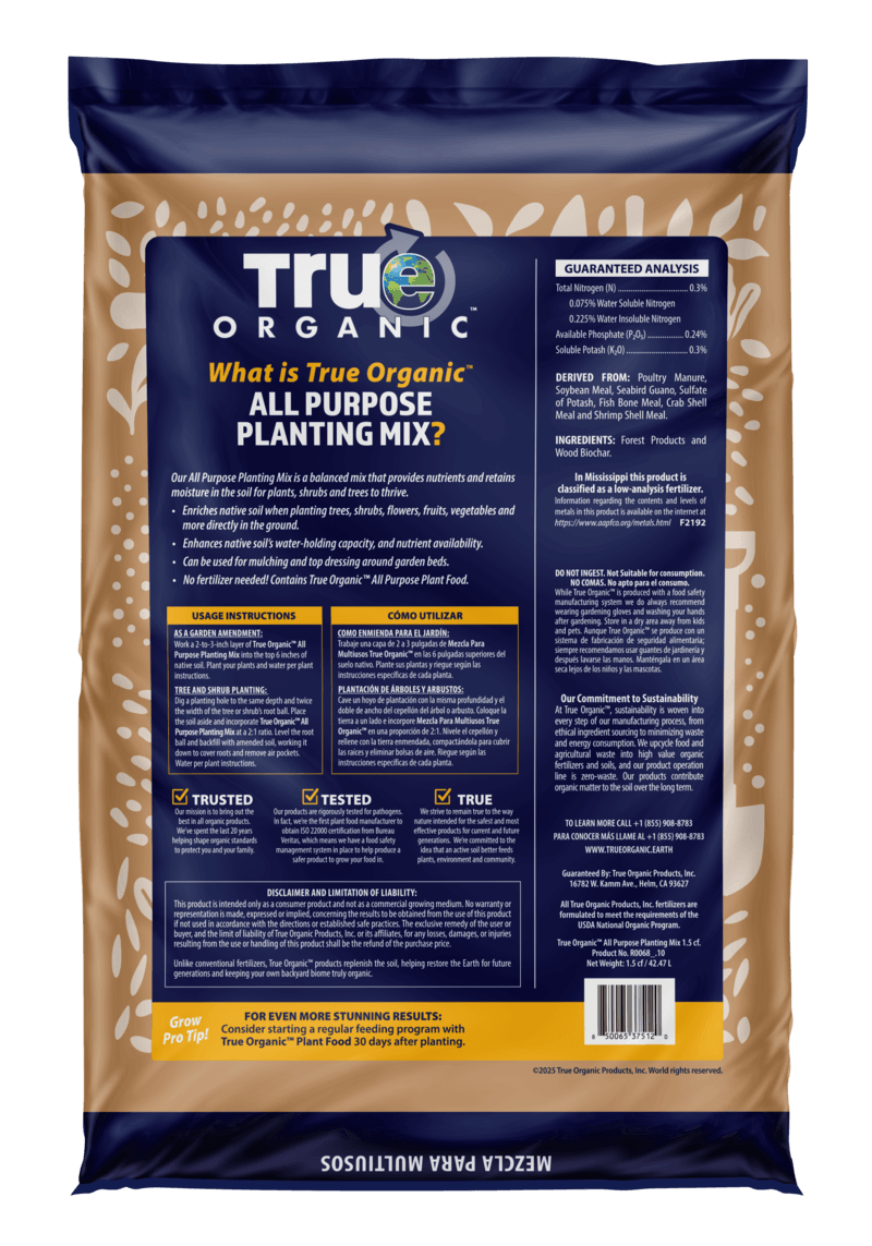 Back label of True Organic planting mix showing ingredients and directions