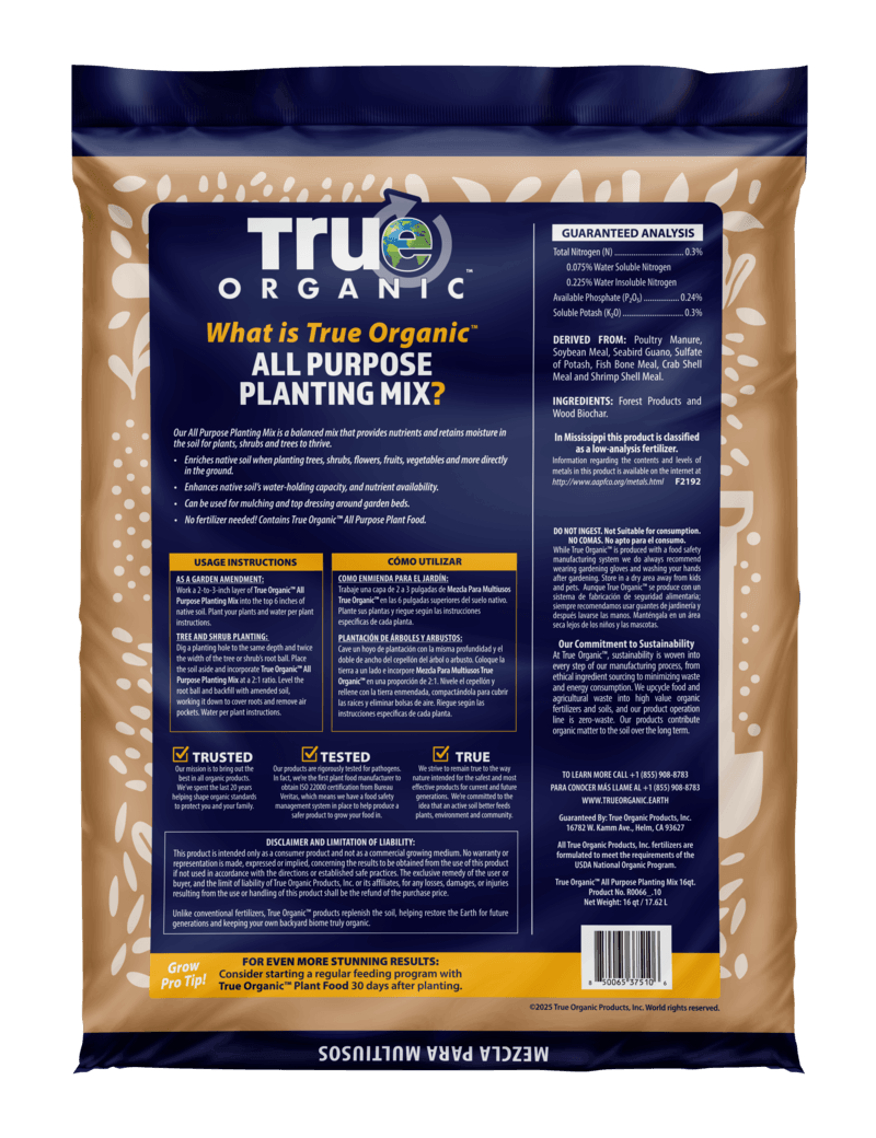 Back label of True Organic planting mix showing ingredients and directions
