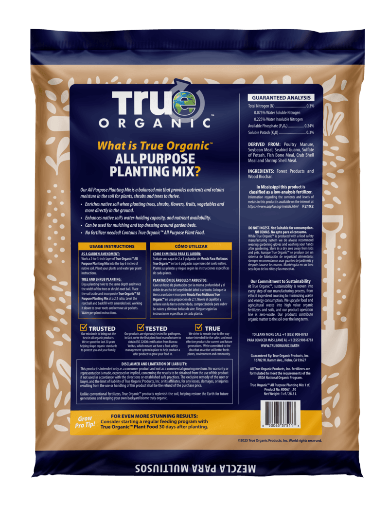 Back label of True Organic planting mix showing ingredients and directions