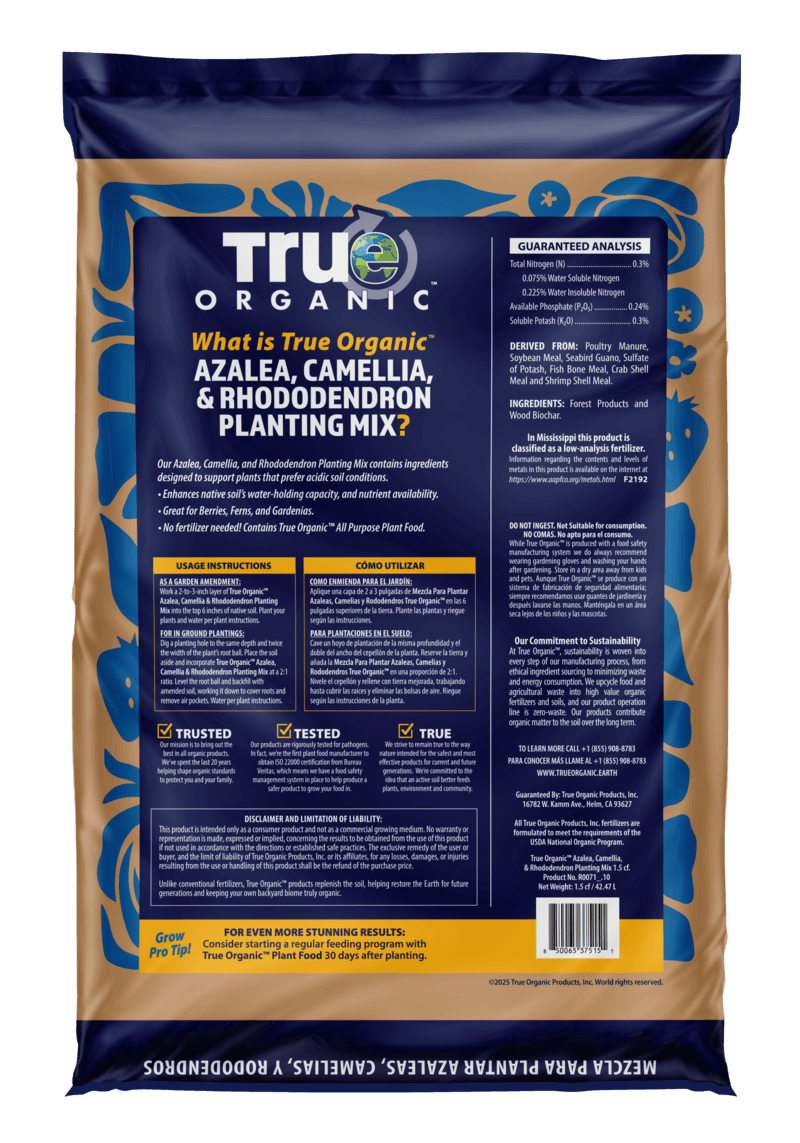 Back label of True Organic acidic soil mix showing ingredients and directions